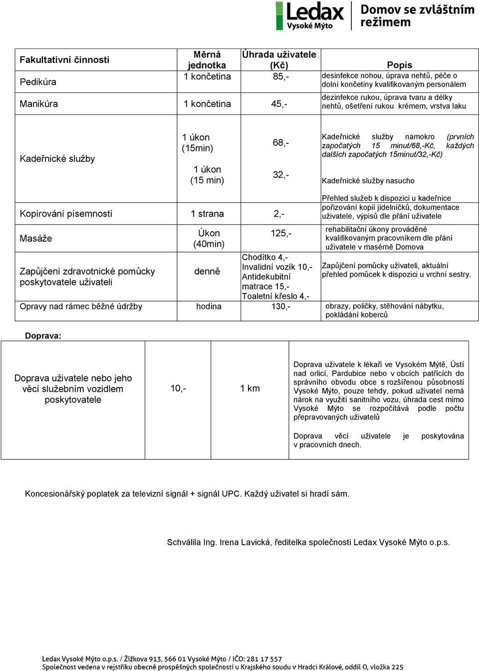 minut/68,-kč, každých dalších započatých 15minut/32,-Kč) Kadeřnické služby nasucho Kopírování písemností 1 strana 2,- Masáže Zapůjčení zdravotnické pomůcky poskytovatele uživateli Úkon (40min) denně