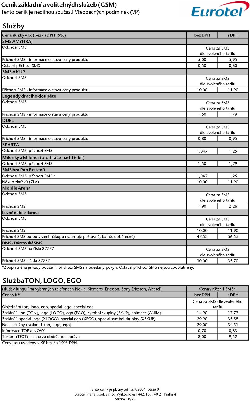 Příchozí SMS z číla 87777 30,00 35,70 SlužbaTON, LOGO, EGO Cena za SMS dle zvoleného tarifu Příchozí SMS informace o tavu ceny produktu 1,50 1,79 DUEL Odchozí SMS Cena za SMS dle zvoleného tarifu