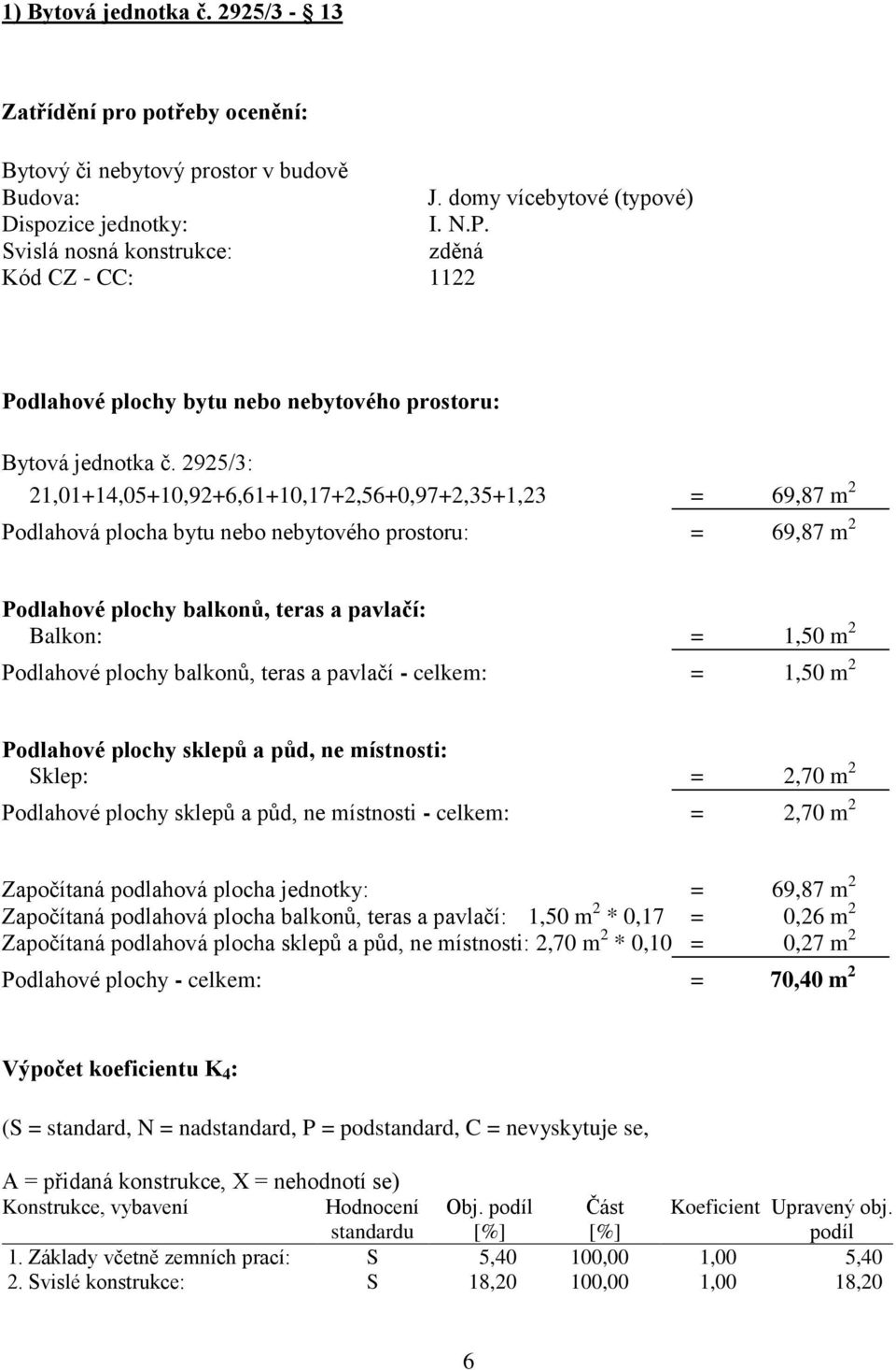 2925/3: 21,01+14,05+10,92+6,61+10,17+2,56+0,97+2,35+1,23 = 69,87 m 2 Podlahová plocha bytu nebo nebytového prostoru: = 69,87 m 2 Podlahové plochy balkonů, teras a pavlačí: Balkon: = 1,50 m 2