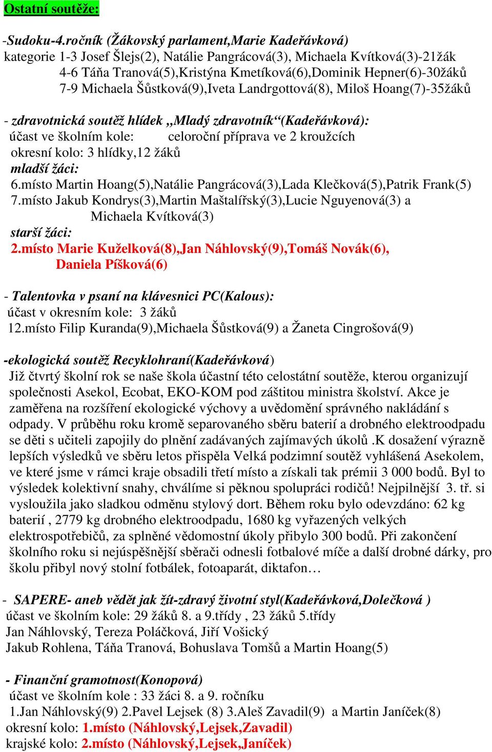 Michaela Šůstková(9),Iveta Landrgottová(8), Miloš Hoang(7)-35žáků - zdravotnická soutěž hlídek Mladý zdravotník (Kadeřávková): účast ve školním kole: celoroční příprava ve 2 kroužcích okresní kolo: 3