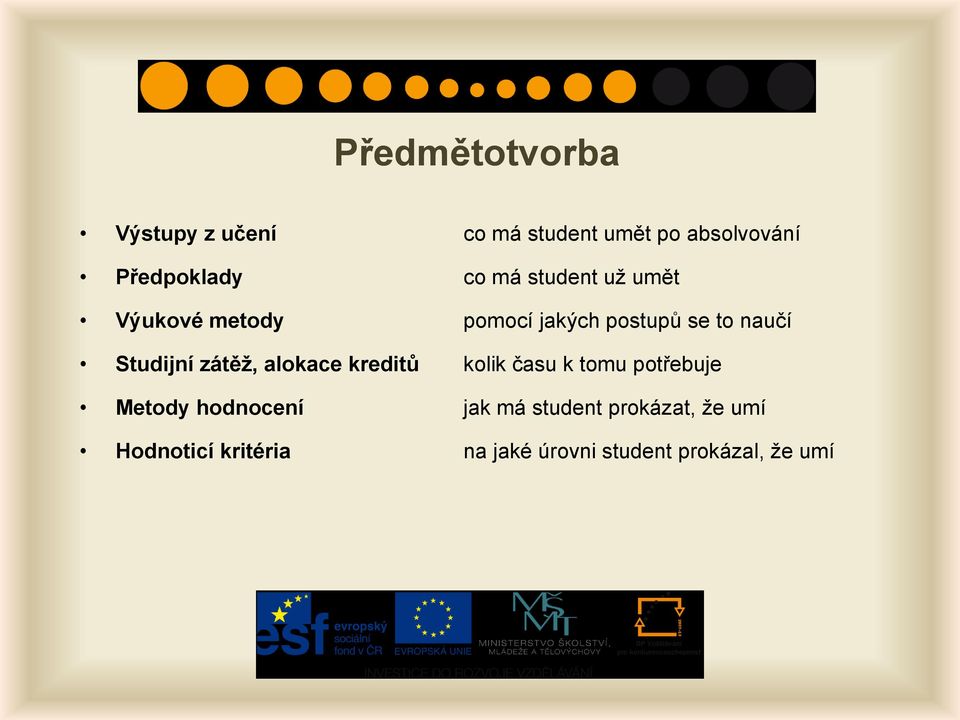 Studijní zátěž, alokace kreditů kolik času k tomu potřebuje Metody hodnocení