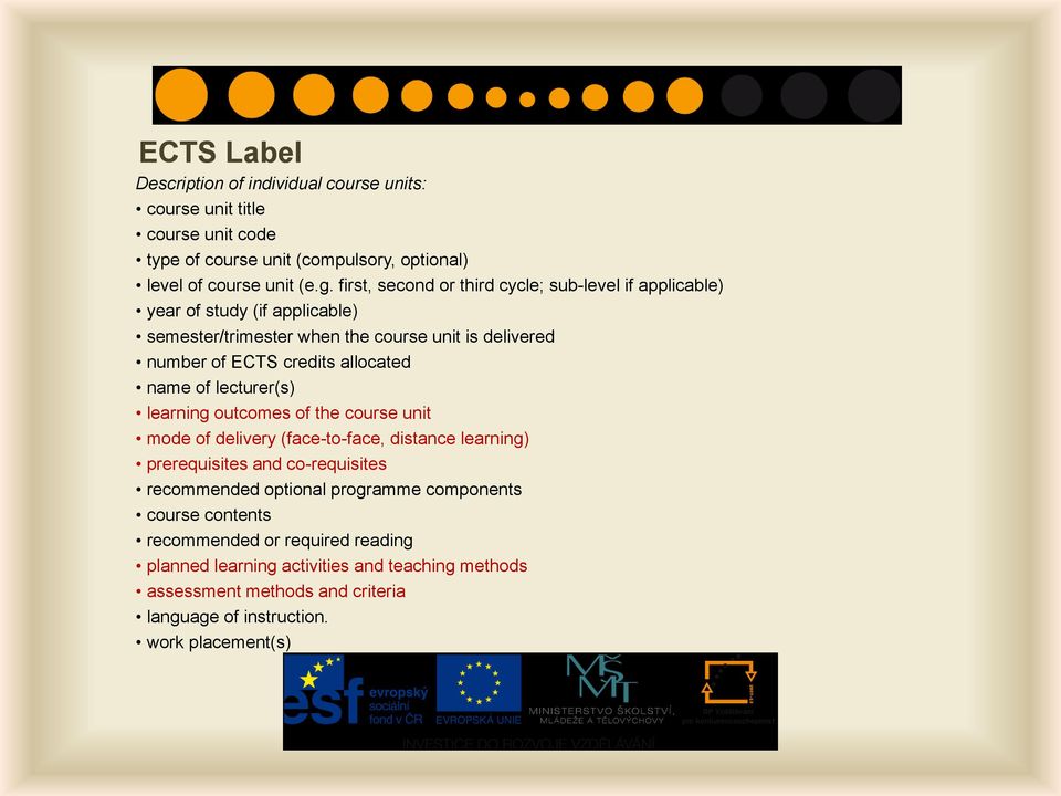 allocated name of lecturer(s) learning outcomes of the course unit mode of delivery (face-to-face, distance learning) prerequisites and co-requisites recommended