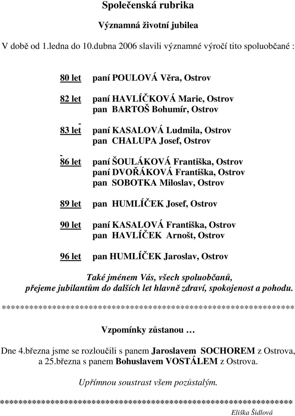 Josef, Ostrov 86 let paní ŠOULÁKOVÁ Františka, Ostrov paní DVOŘÁKOVÁ Františka, Ostrov pan SOBOTKA Miloslav, Ostrov 89 let pan HUMLÍČEK Josef, Ostrov 90 let paní KASALOVÁ Františka, Ostrov pan