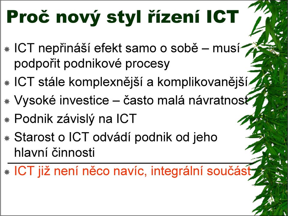 investice často malá návratnost Podnik závislý na ICT Starost o ICT