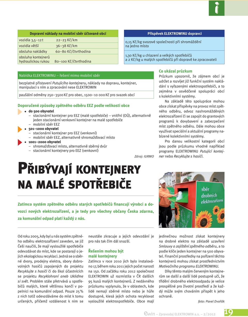 Nabídka ELEKTROWINU řešení mimo mobilní sběr bezplatné přistavení Putujícího kontejneru, náklady na dopravu, kontejner, manipulaci s ním a zpracování nese ELEKTROWIN paušální odměny 250 3500 Kč pro