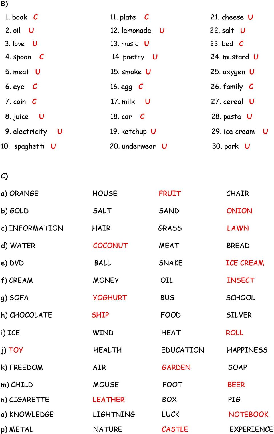 pork U C) a) ORANGE HOUSE FRUIT CHAIR b) GOLD SALT SAND ONION c) INFORMATION HAIR GRASS LAWN d) WATER COCONUT MEAT BREAD e) DVD BALL SNAKE ICE CREAM f) CREAM MONEY OIL INSECT g) SOFA YOGHURT BUS