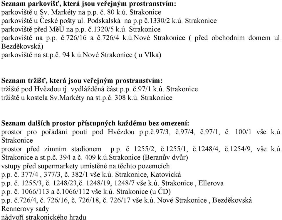 vydlážděná část p.p. č.97/1 k.ú. Strakonice tržiště u kostela Sv.Markéty na st.p.č. 308 k.ú. Strakonice Seznam dalších prostor přístupných každému bez omezení: prostor pro pořádání poutí pod Hvězdou p.