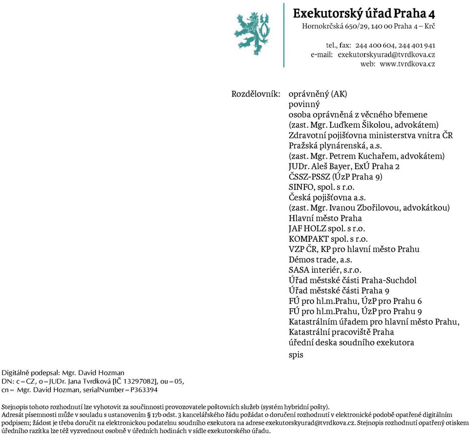 s. SASA interiér, s.r.o. Úřad městské části Praha-Suchdol Úřad městské části Praha 9 FÚ pro hl.m.prahu, ÚzP pro Prahu 6 FÚ pro hl.m.prahu, ÚzP pro Prahu 9 Katastrálním úřadem pro hlavní město Prahu, Katastrální pracoviště Praha úřední deska soudního exekutora spis Digitálně podepsal: Mgr.