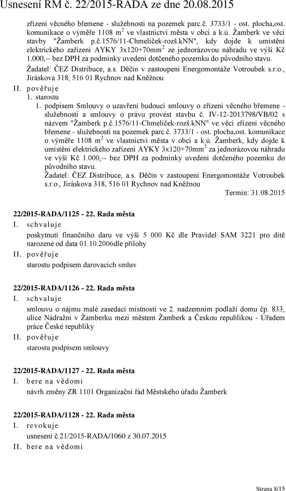 Žadatel: ČEZ Distribuce, a.s. Děčín v zastoupení Energomontáže Votroubek s.r.o., Jiráskova 318, 516 01 Rychnov nad Kněžnou 1. starostu 1.