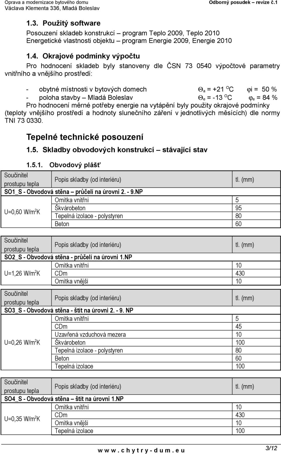 poloha stavby Mladá Boleslav Θ e = -13 O C ϕ e = 84 % Pro hodnocení měrné potřeby energie na vytápění byly použity okrajové podmínky (teploty vnějšího prostředí a hodnoty slunečního záření v