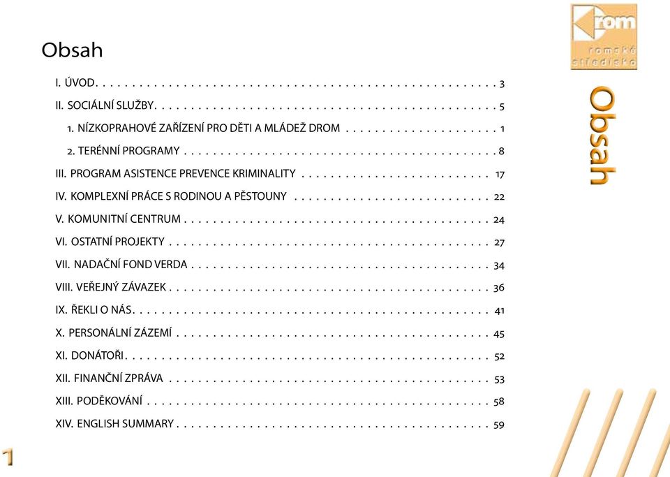 KOMUNITNÍ CENTRUM.......................................... 24 VI. OSTATNÍ PROJEKTY............................................ 27 VII. NADAČNÍ FOND VERDA......................................... 34 VIII.