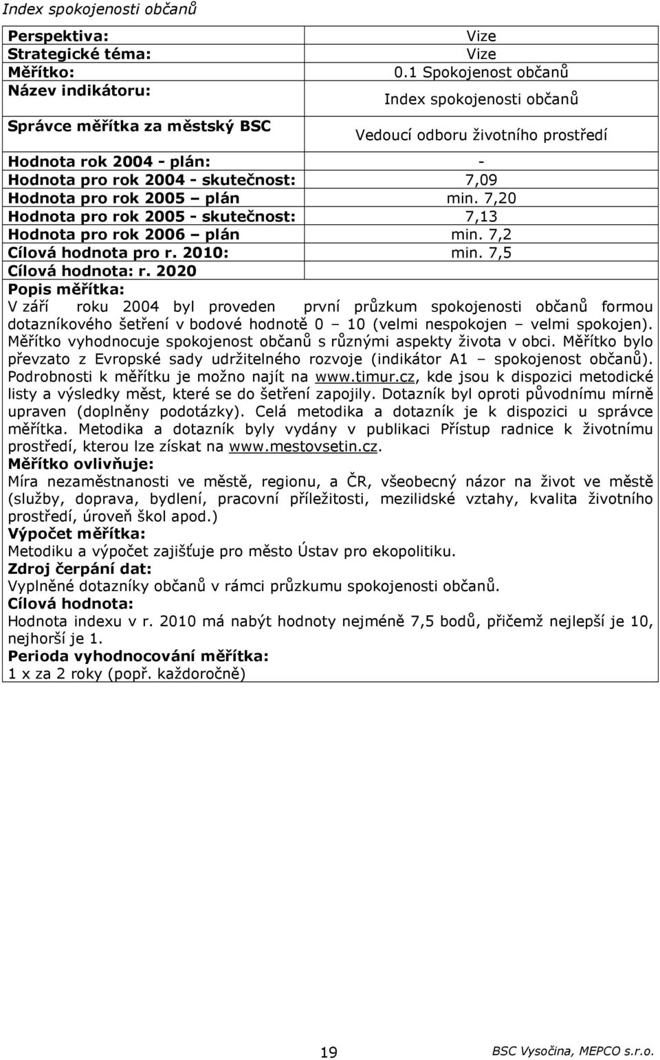 7,20 Hodnota pro rok 2005 - skutečnost: 7,13 Hodnota pro rok 2006 plán min. 7,2 Cílová hodnota pro r. 2010: min. 7,5 Cílová hodnota: r.