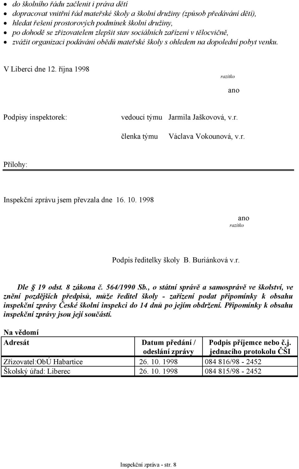 října 1998 razítko ano Podpisy inspektorek: vedoucí týmu Jarmila Jaškovová, v.r. členka týmu Václava Vokounová, v.r. Přílohy: Inspekční zprávu jsem převzala dne 16. 10.