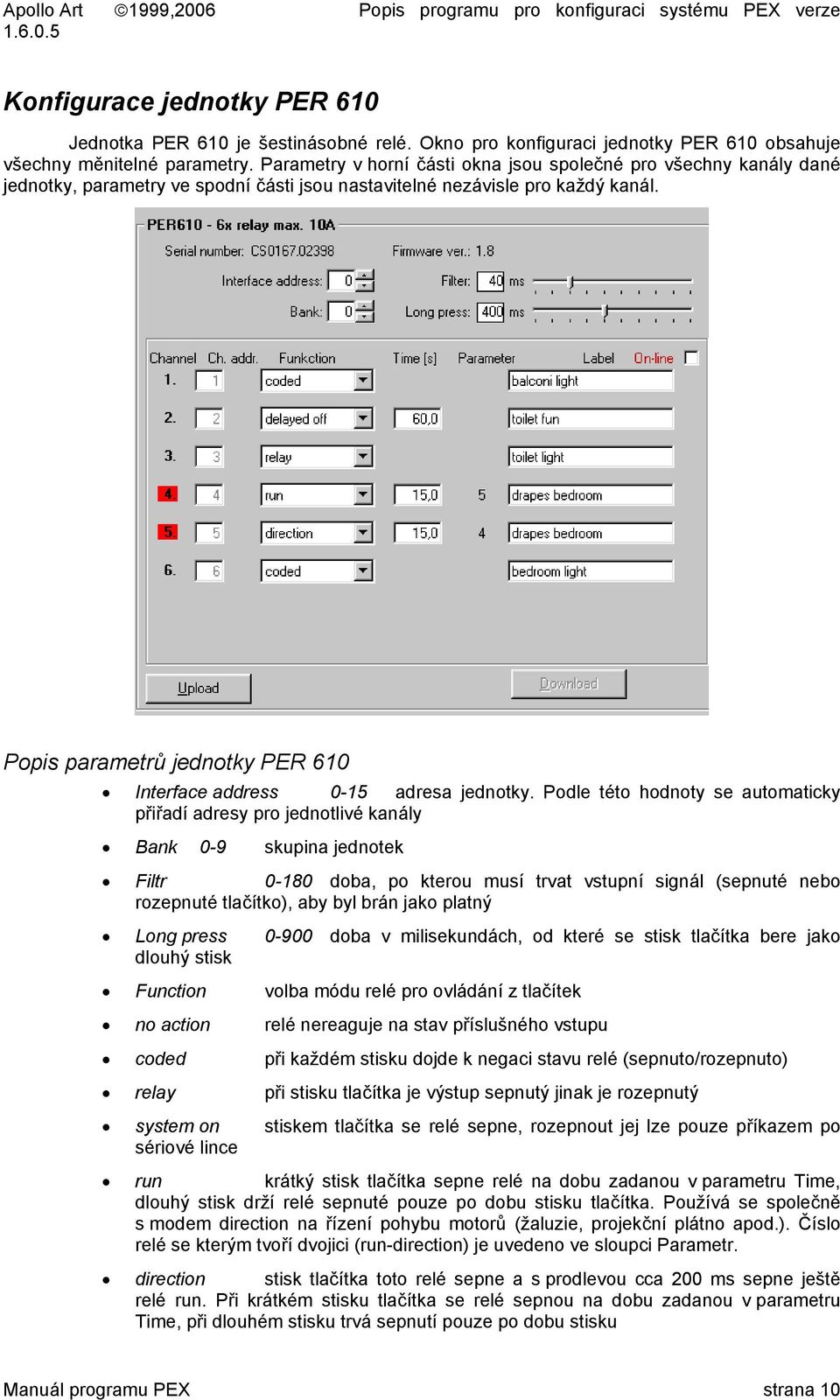 Popis parametrů jednotky PER 610 Interface address 0-15 adresa jednotky.