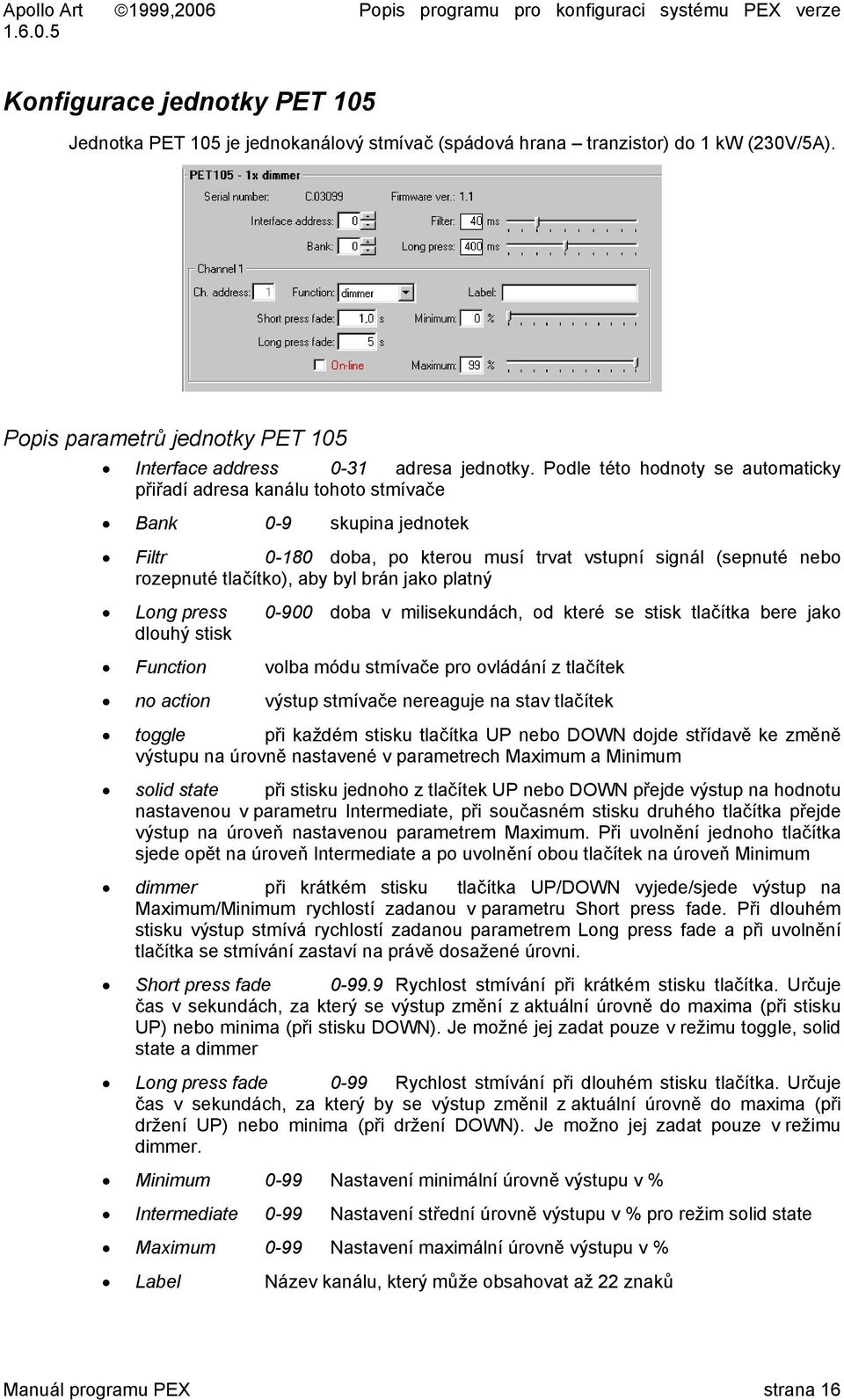 jako platný Long press 0-900 doba v milisekundách, od které se stisk tlačítka bere jako dlouhý stisk Function volba módu stmívače pro ovládání z tlačítek no action výstup stmívače nereaguje na stav