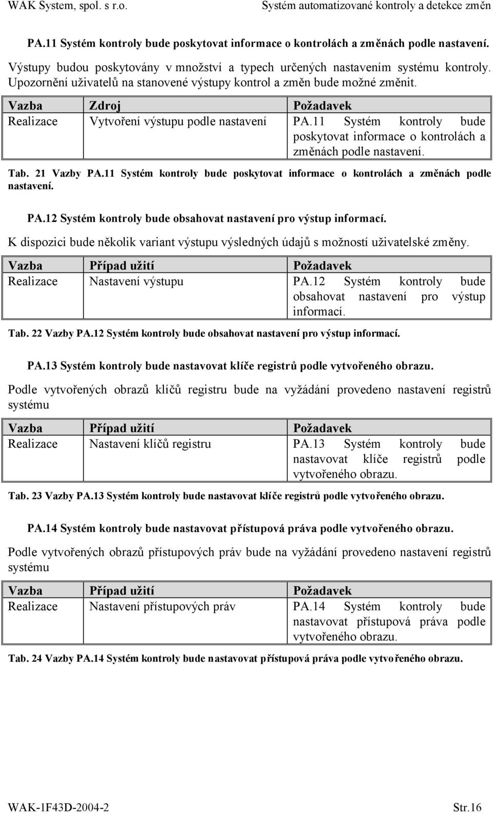 11 Systém kontroly bude poskytovat informace o kontrolách a změnách podle nastavení. Tab. 21 Vazby PA.11 Systém kontroly bude poskytovat informace o kontrolách a změnách podle nastavení. PA.12 Systém kontroly bude obsahovat nastavení pro výstup informací.