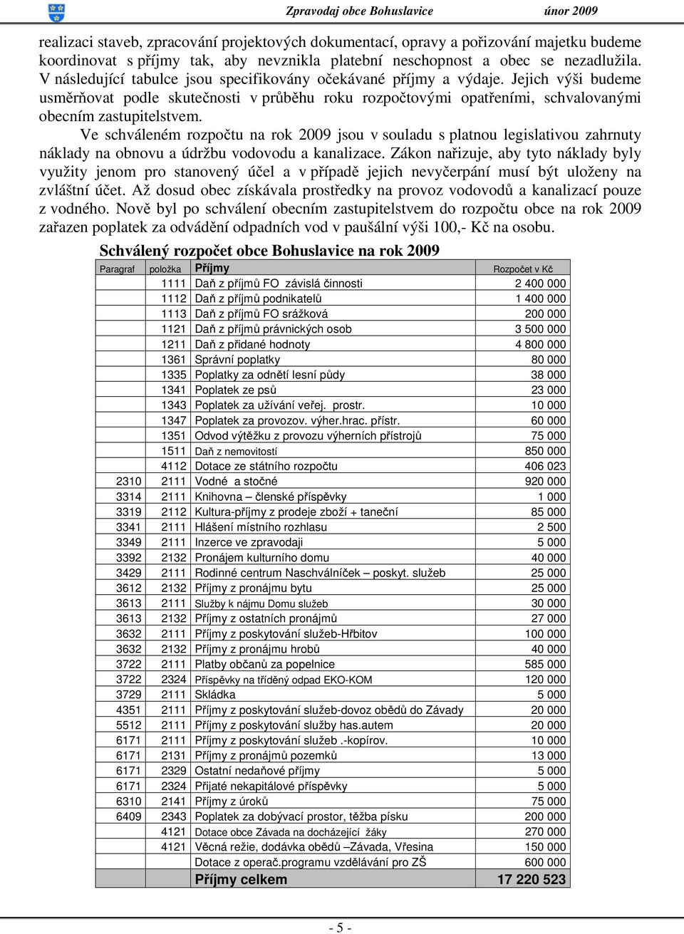 Ve schváleném rozpočtu na rok 2009 jsou v souladu s platnou legislativou zahrnuty náklady na obnovu a údržbu vodovodu a kanalizace.