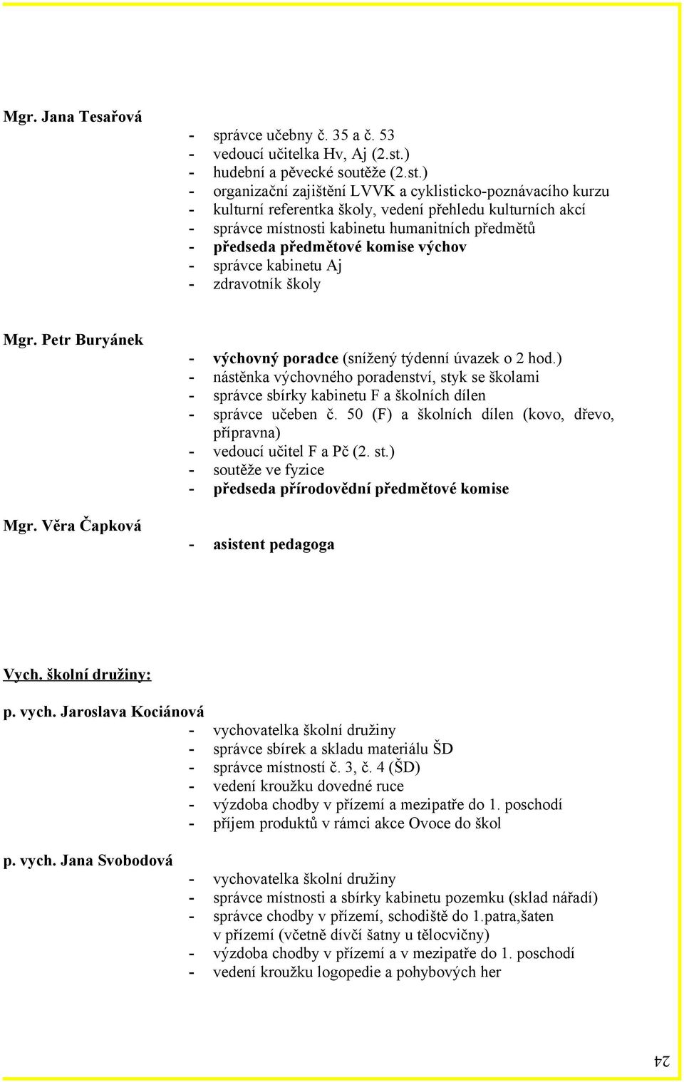 ) - organizační zajištění LVVK a cyklisticko-poznávacího kurzu - kulturní referentka školy, vedení přehledu kulturních akcí - správce místnosti kabinetu humanitních předmětů - předseda předmětové
