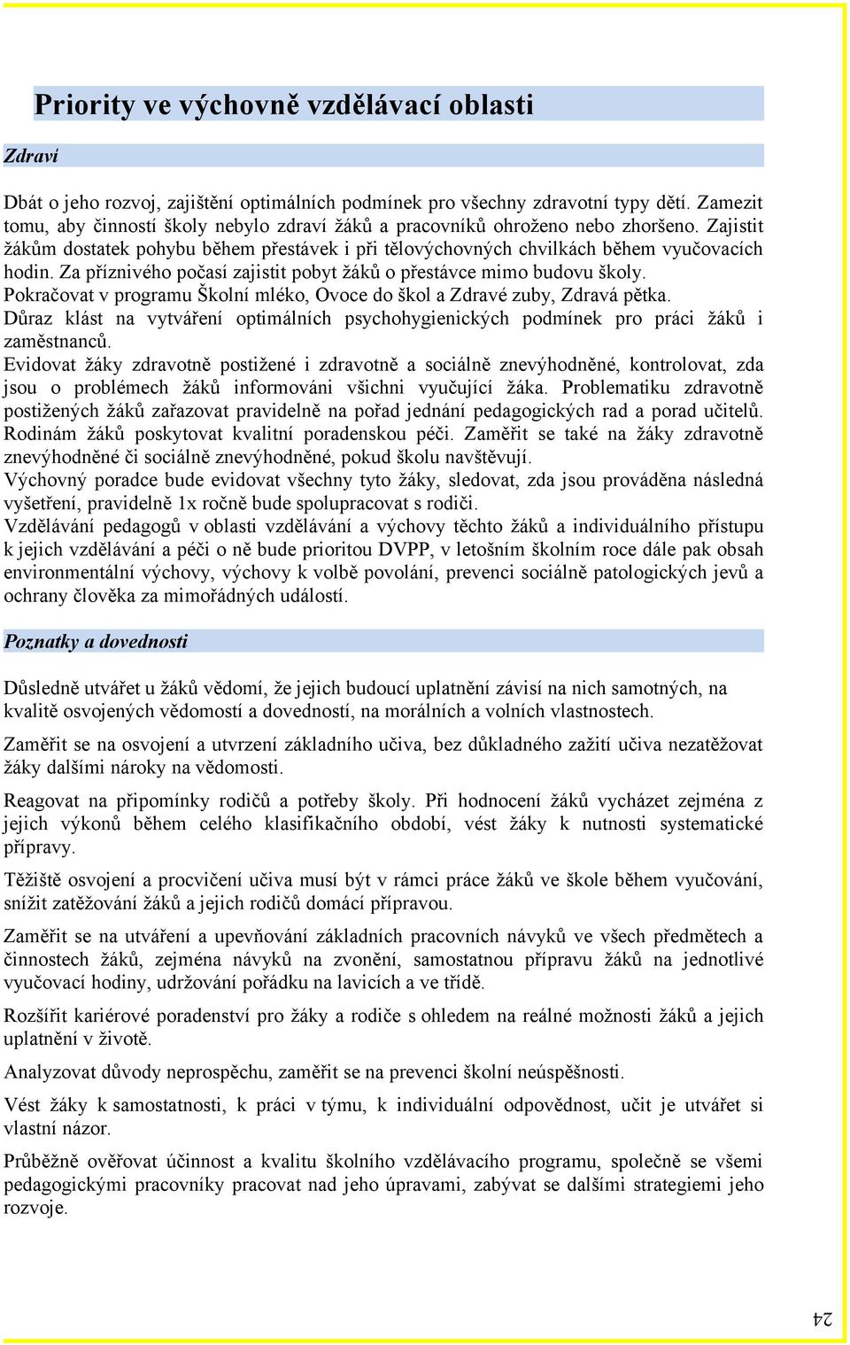 Za příznivého počasí zajistit pobyt žáků o přestávce mimo budovu školy. Pokračovat v programu Školní mléko, Ovoce do škol a Zdravé zuby, Zdravá pětka.