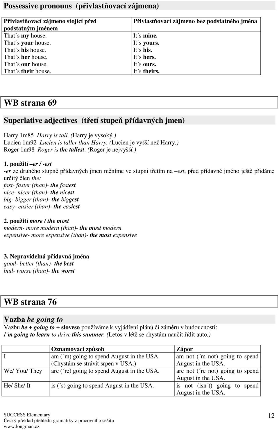 WB strana 69 Superlative adjectives (tetí stupe pídavných jmen) Harry 1m85 Harry is tall. (Harry je vysoký.) Lucien 1m92 Lucien is taller than Harry. (Lucien je vyšší než Harry.