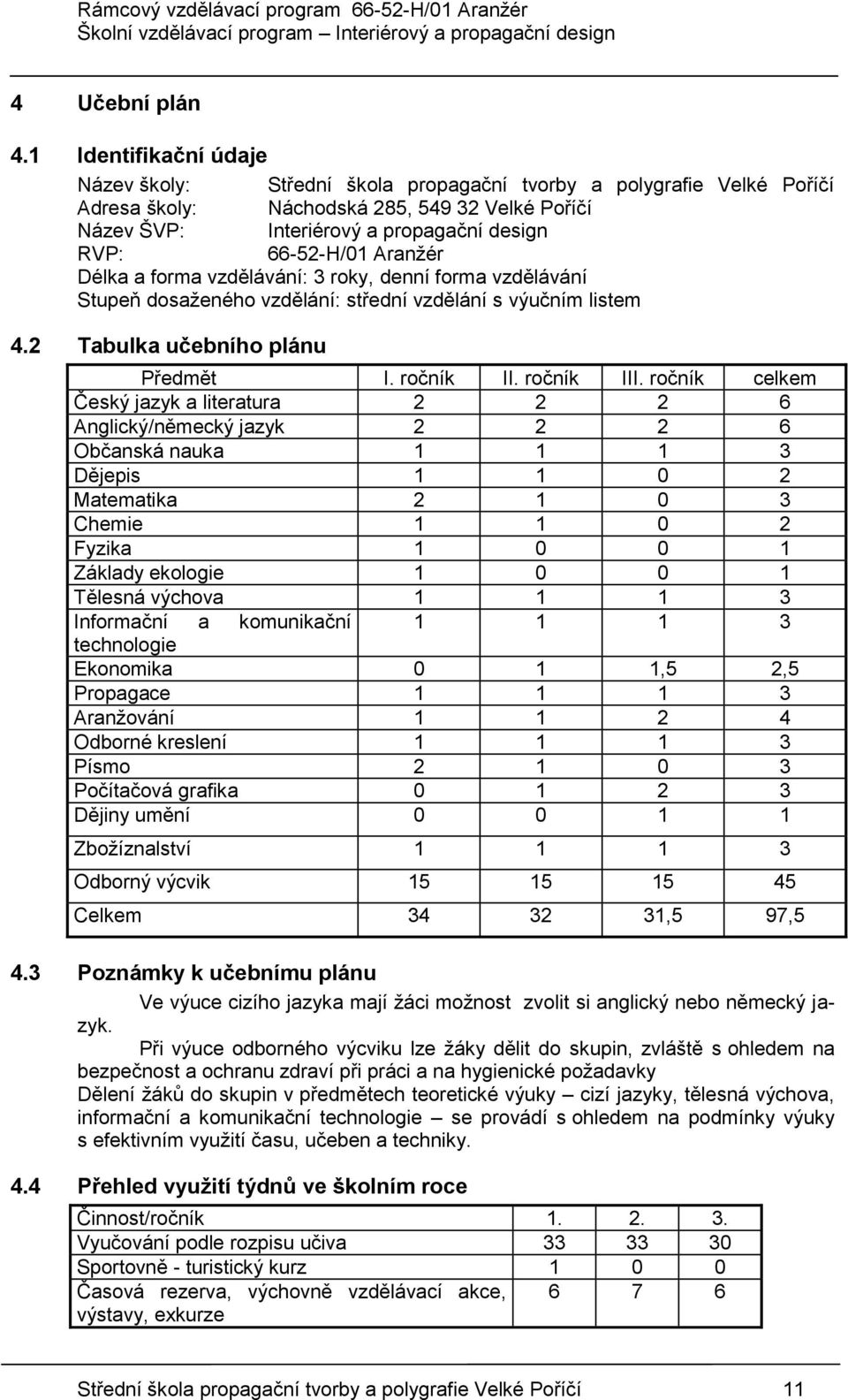 66-52-H/01 Aranžér Délka a forma vzdělávání: 3 roky, denní forma vzdělávání Stupeň dosaženého vzdělání: střední vzdělání s výučním listem 4.2 Tabulka učebního plánu Předmět I. ročník II. ročník III.