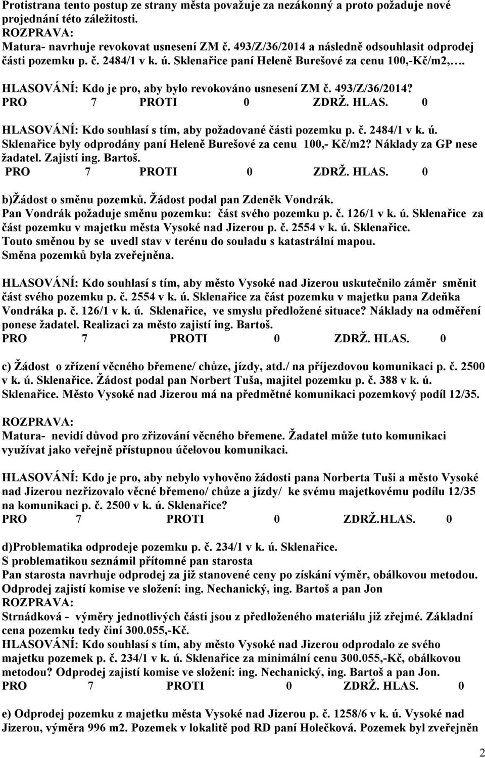 493/Z/36/2014? HLASOVÁNÍ: Kdo souhlasí s tím, aby požadované části pozemku p. č. 2484/1 v k. ú. Sklenařice byly odprodány paní Heleně Burešové za cenu 100,- Kč/m2? Náklady za GP nese žadatel.