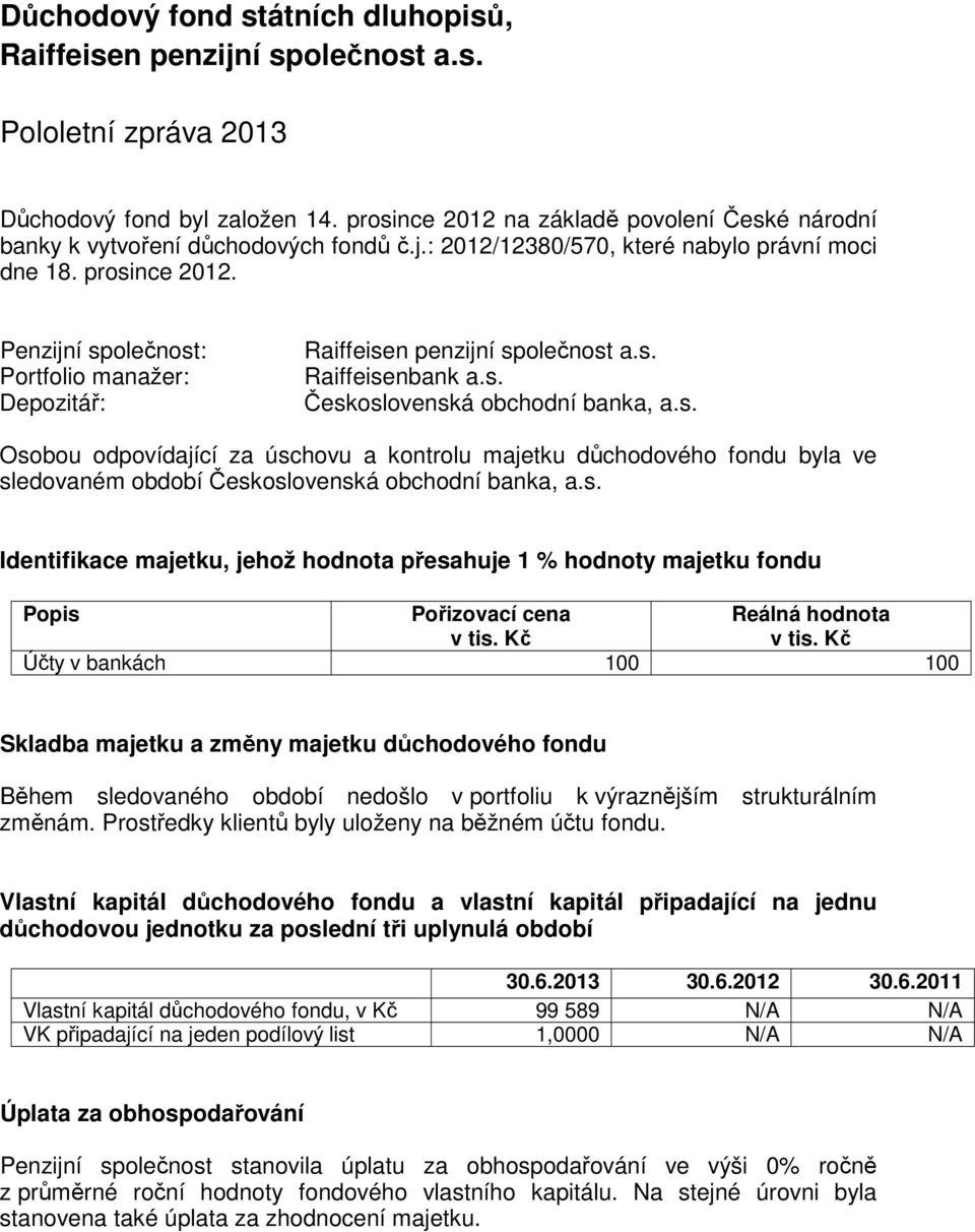 Osobou odpovídající za úschovu a kontrolu majetku důchodového fondu byla ve Účty v bankách 100 100 Skladba majetku a změny majetku důchodového fondu změnám.