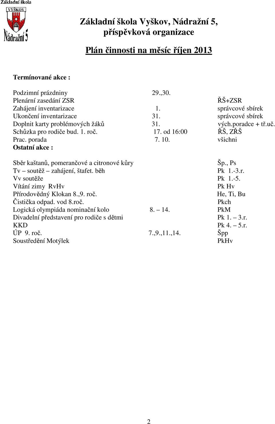 všichni Sběr kaštanů, pomerančové a citronové kůry Šp., Ps Tv soutěž zahájení, štafet. běh Pk 1.-3.r. Vv soutěže Pk 1.-5. Vítání zimy RvHv Pk Hv Přírodovědný Klokan 8.,9.