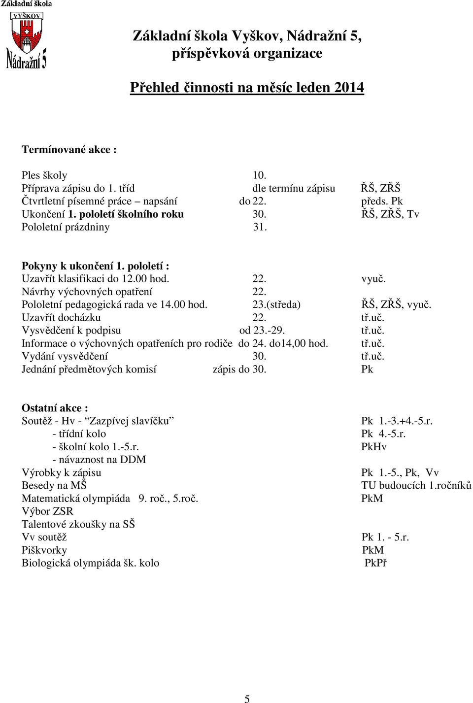(středa) ŘŠ, ZŘŠ, vyuč. Uzavřít docházku 22. tř.uč. Vysvědčení k podpisu od 23.-29. tř.uč. Informace o výchovných opatřeních pro rodiče do 24. do14,00 hod. tř.uč. Vydání vysvědčení 30. tř.uč. Jednání předmětových komisí zápis do 30.