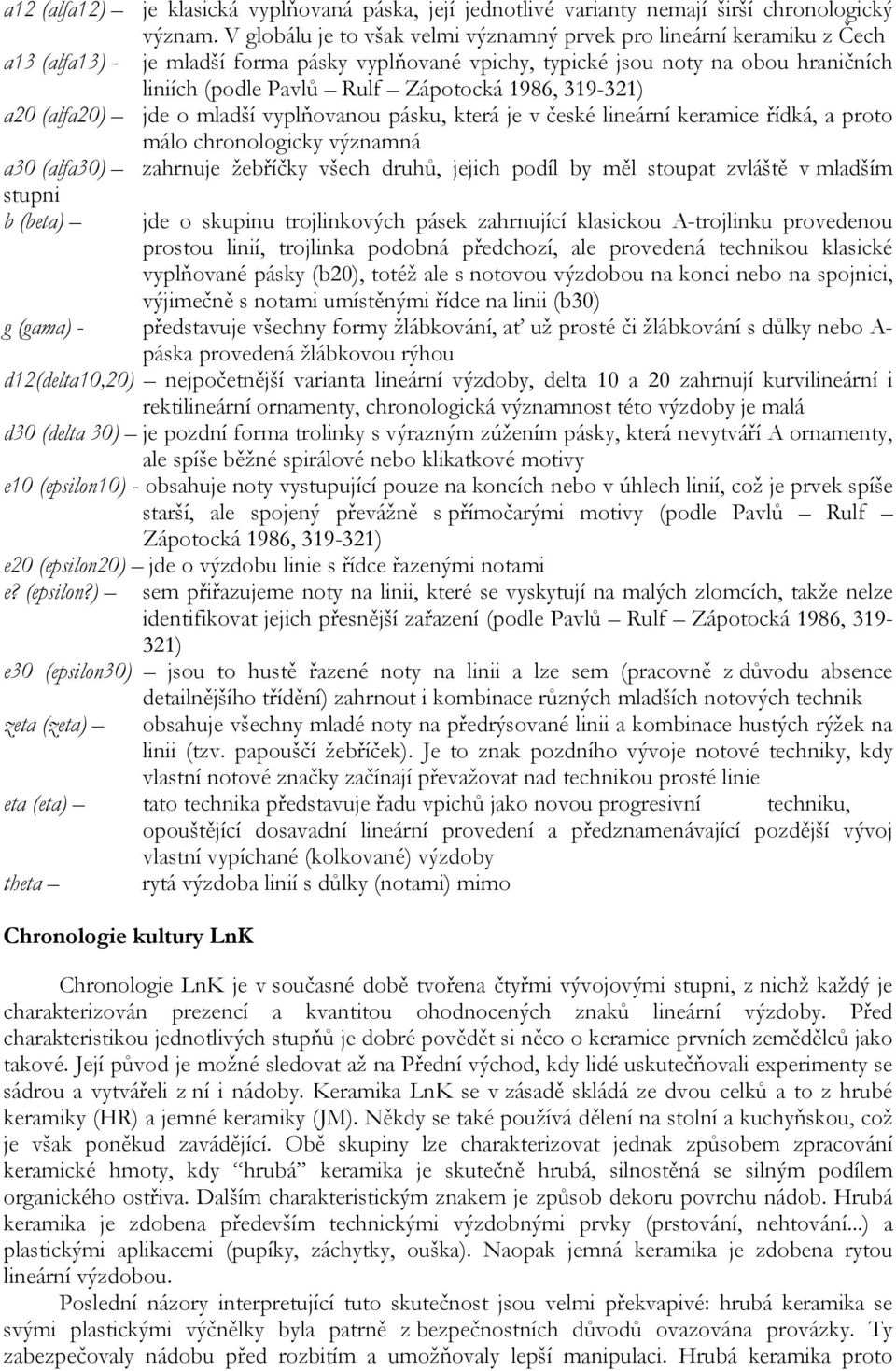 1986, 319-321) a20 (alfa20) jde o mladší vyplňovanou pásku, která je v české lineární keramice řídká, a proto málo chronologicky významná a30 (alfa30) zahrnuje žebříčky všech druhů, jejich podíl by