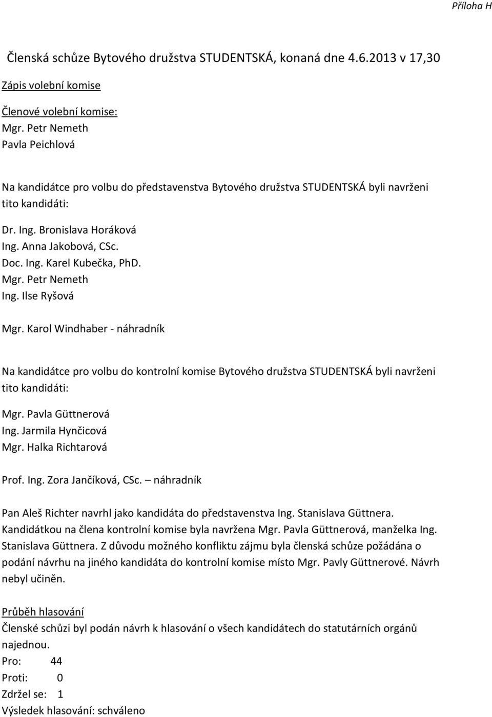 Mgr. Petr Nemeth Ing. Ilse Ryšov Mgr. Karol Windhaber - nhradník Na kandidtce pro volbu do kontrolní komise Bytového družstva STUDENTSKÁ byli navrženi tito kandidti: Mgr. Pavla Güttnerov Ing.