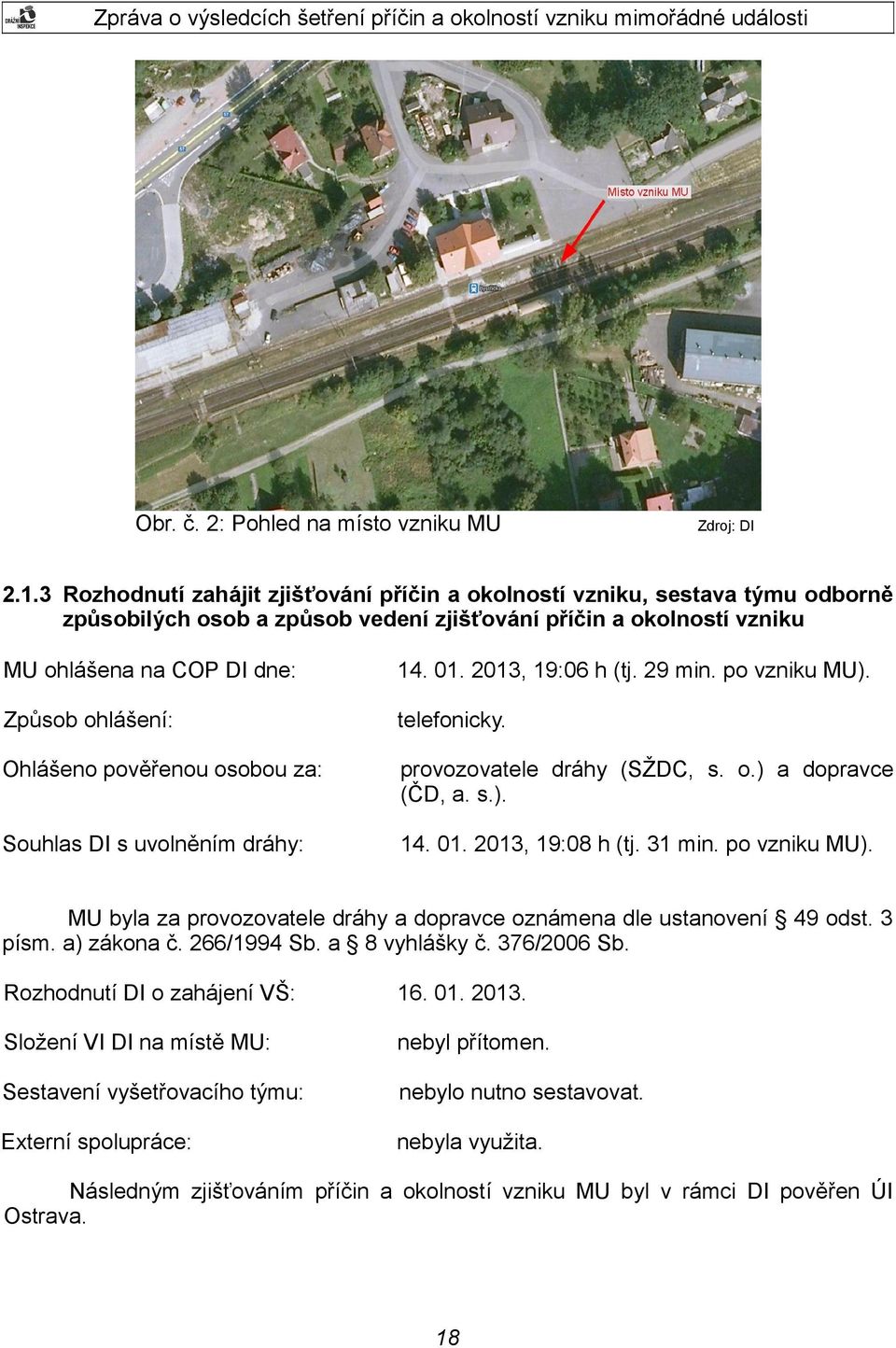 Ohlášeno pověřenou osobou za: Souhlas DI s uvolněním dráhy: 14. 01. 2013, 19:06 h (tj. 29 min. po vzniku MU). telefonicky. provozovatele dráhy (SŽDC, s. o.) a dopravce (ČD, a. s.). 14. 01. 2013, 19:08 h (tj.