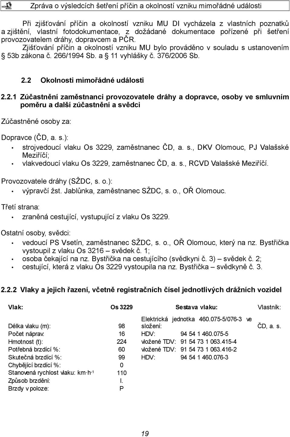 6/1994 Sb. a 11 vyhlášky č. 376/2006 Sb. 2.2 Okolnosti mimořádné události 2.2.1 Zúčastnění zaměstnanci provozovatele dráhy a dopravce, osoby ve smluvním poměru a další zúčastnění a svědci Zúčastněné osoby za: Dopravce (ČD, a.