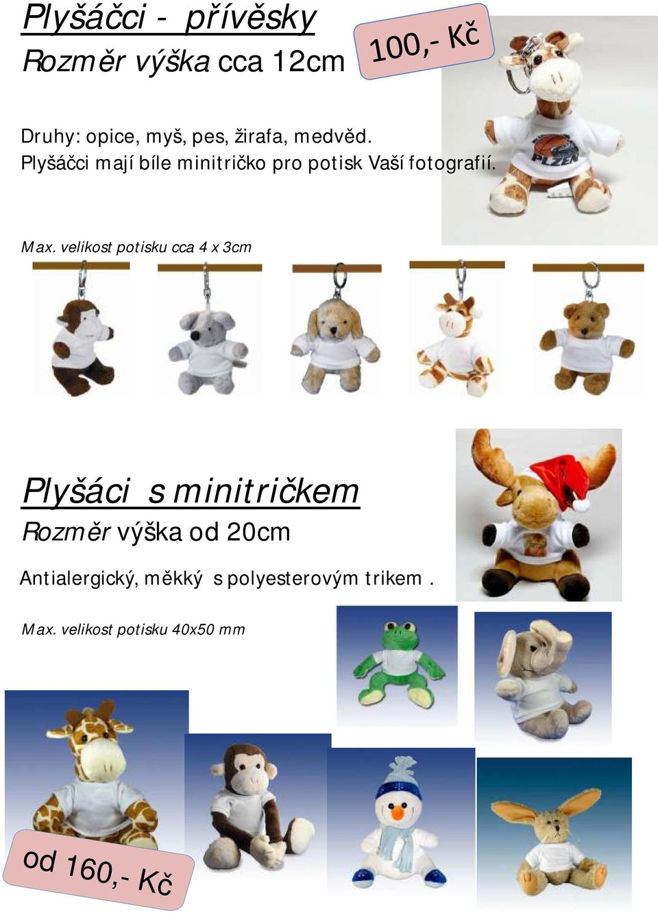 velikost potisku cca 4 x 3cm Plyšáci s minitričkem Rozměr výška od 20cm