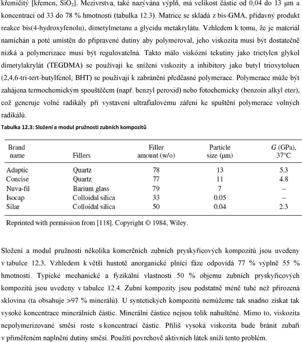 Vzhledem k tomu, že je materiál namíchán a poté umístěn do připravené dutiny aby polymeroval, jeho viskozita musí být dostatečně nízká a polymerizace musí být regulovatelná.