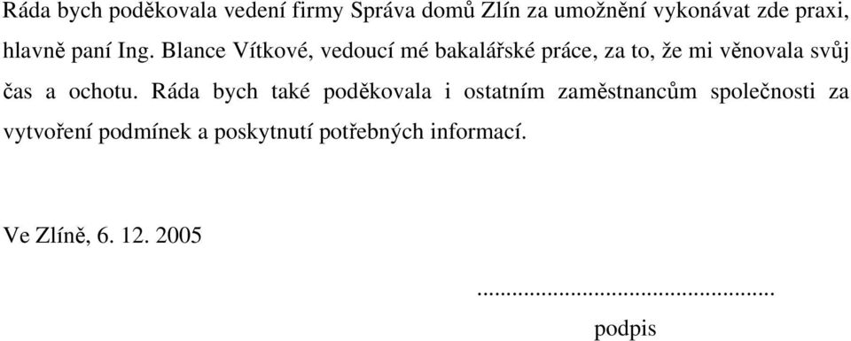 Blance Vítkové, vedoucí mé bakalářské práce, za to, že mi věnovala svůj čas a ochotu.