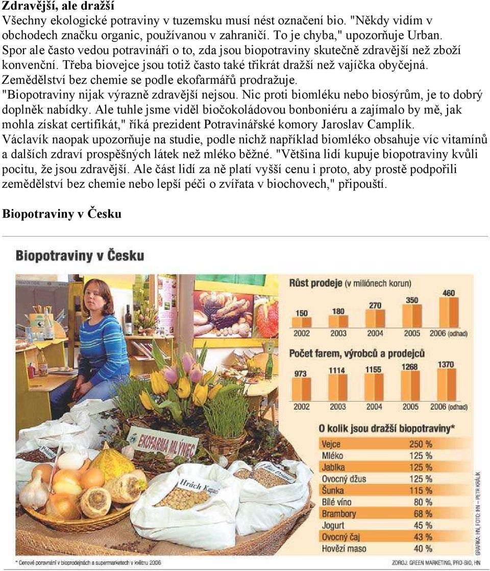 Zemědělství bez chemie se podle ekofarmářů prodražuje. "Biopotraviny nijak výrazně zdravější nejsou. Nic proti biomléku nebo biosýrům, je to dobrý doplněk nabídky.