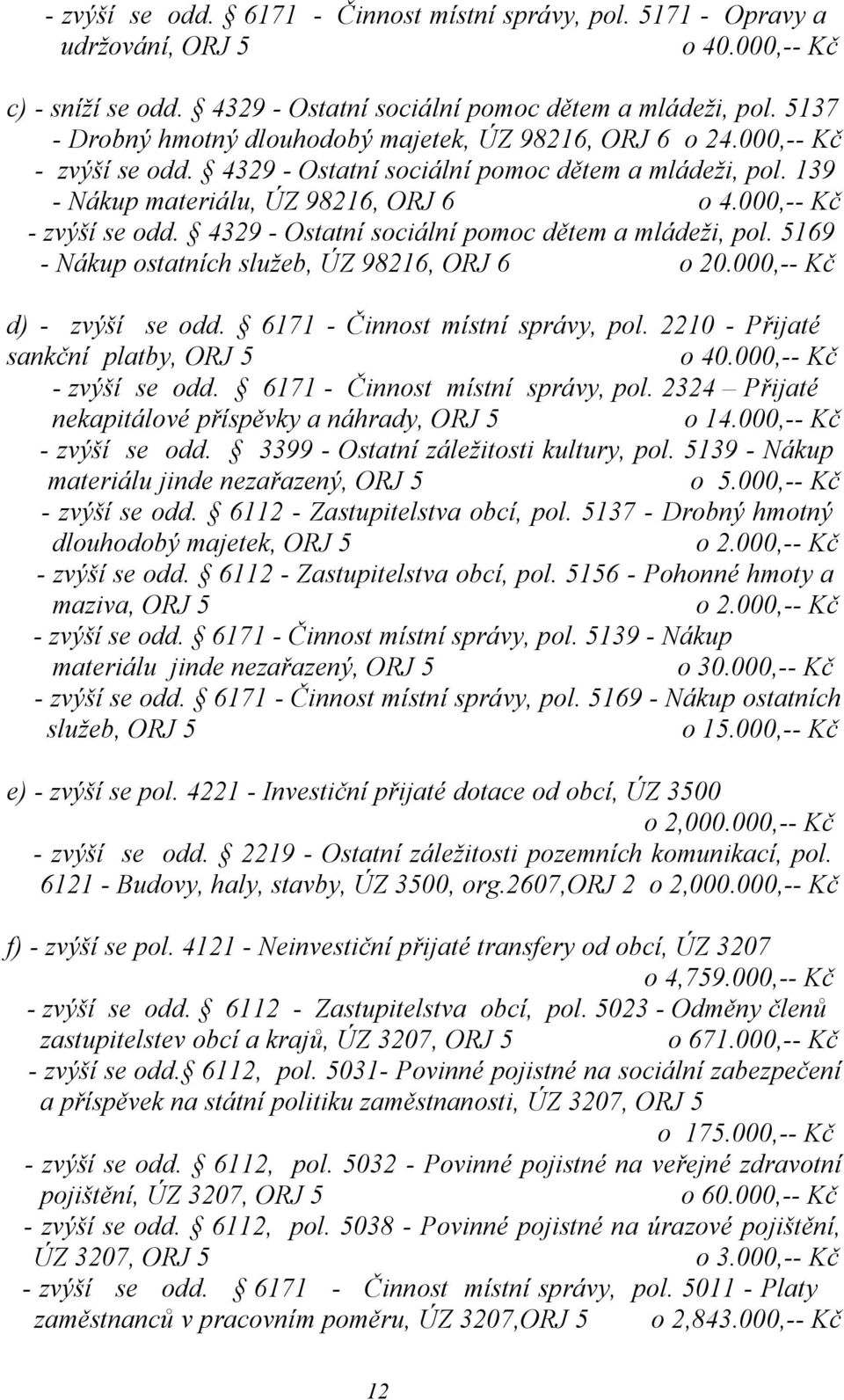 000,-- Kč - zvýší se odd. 4329 - Ostatní sociální pomoc dětem a mládeži, pol. 5169 - Nákup ostatních služeb, ÚZ 98216, ORJ 6 o 20.000,-- Kč d) - zvýší se odd. 6171 - Činnost místní správy, pol.