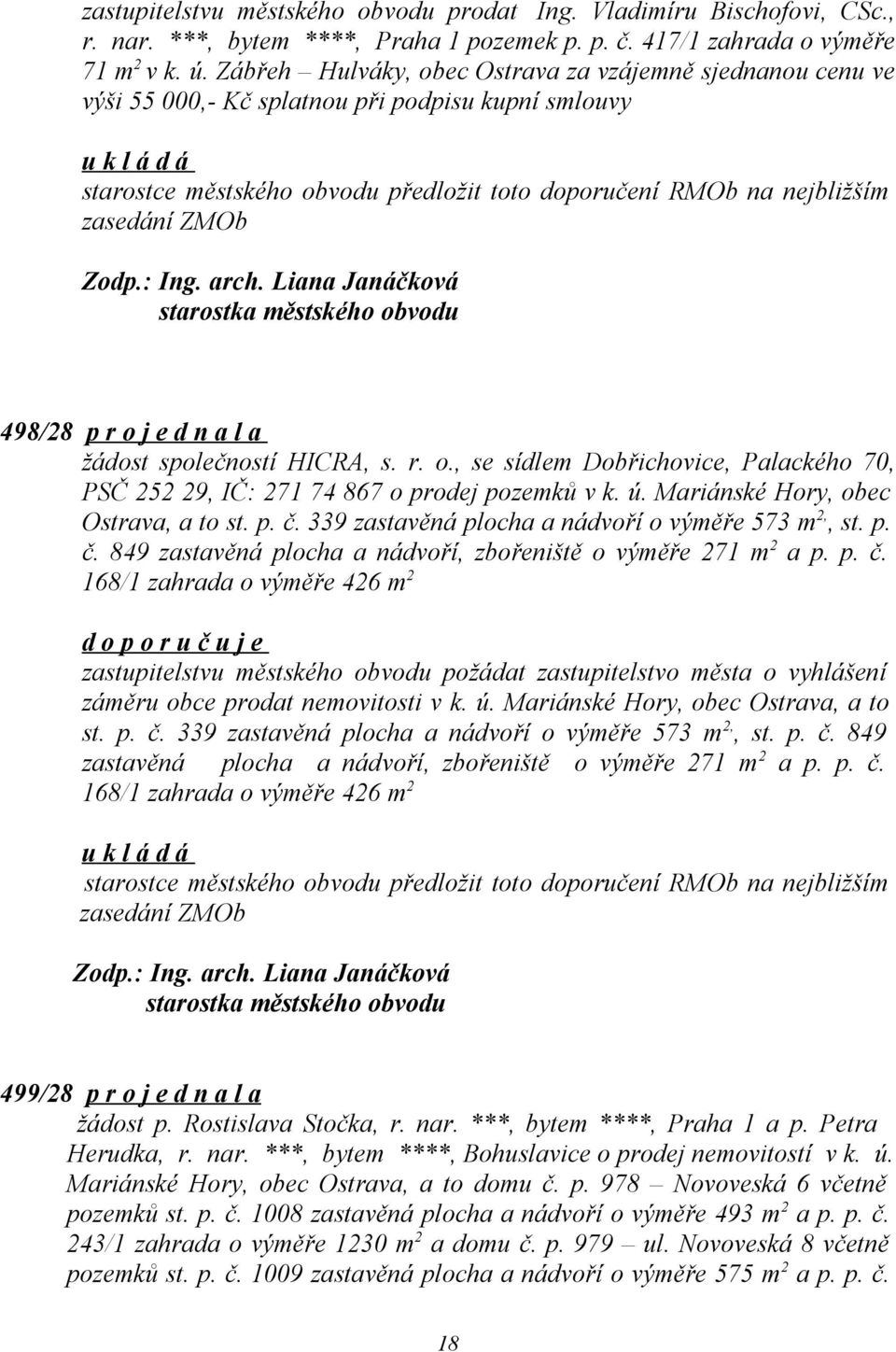 498/28 p r o j e d n a l a žádost společností HICRA, s. r. o., se sídlem Dobřichovice, Palackého 70, PSČ 252 29, IČ: 271 74 867 o prodej pozemků v k. ú. Mariánské Hory, obec Ostrava, a to st. p. č.