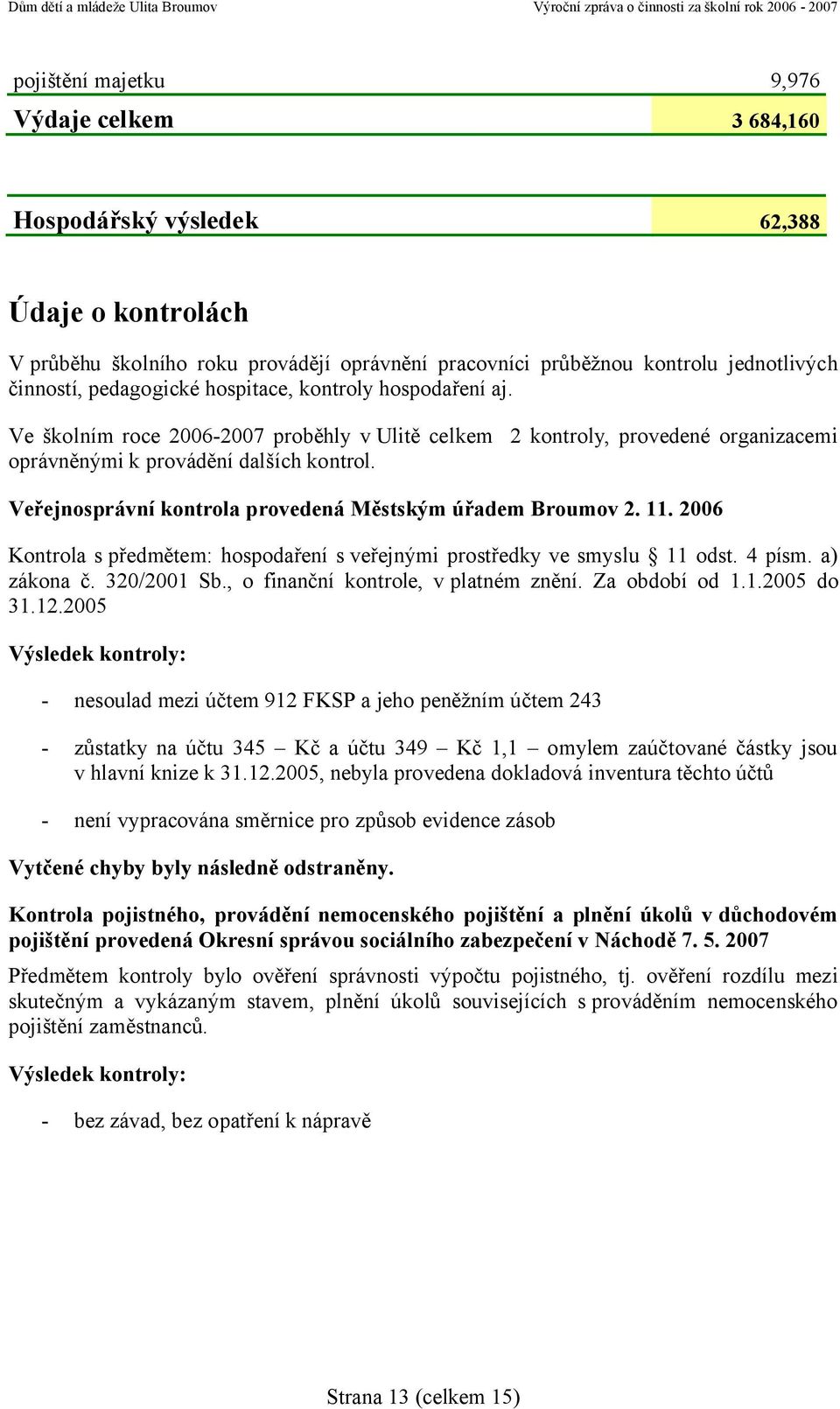 Veřejnosprávní kontrola provedená Městským úřadem Broumov 2. 11. 2006 Kontrola s předmětem: hospodaření s veřejnými prostředky ve smyslu 11 odst. 4 písm. a) zákona č. 320/2001 Sb.