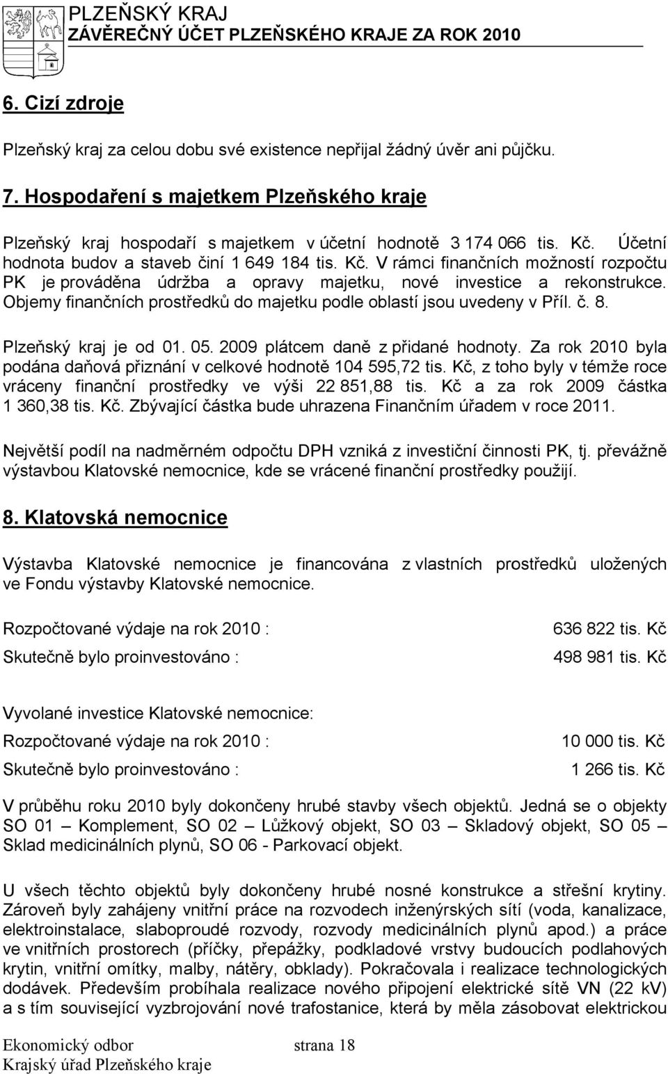 Účetní hodnota budov a staveb činí 1 649 184 tis. Kč. V rámci finančních možností rozpočtu PK je prováděna údržba a opravy majetku,, nové investice a rekonstrukce.