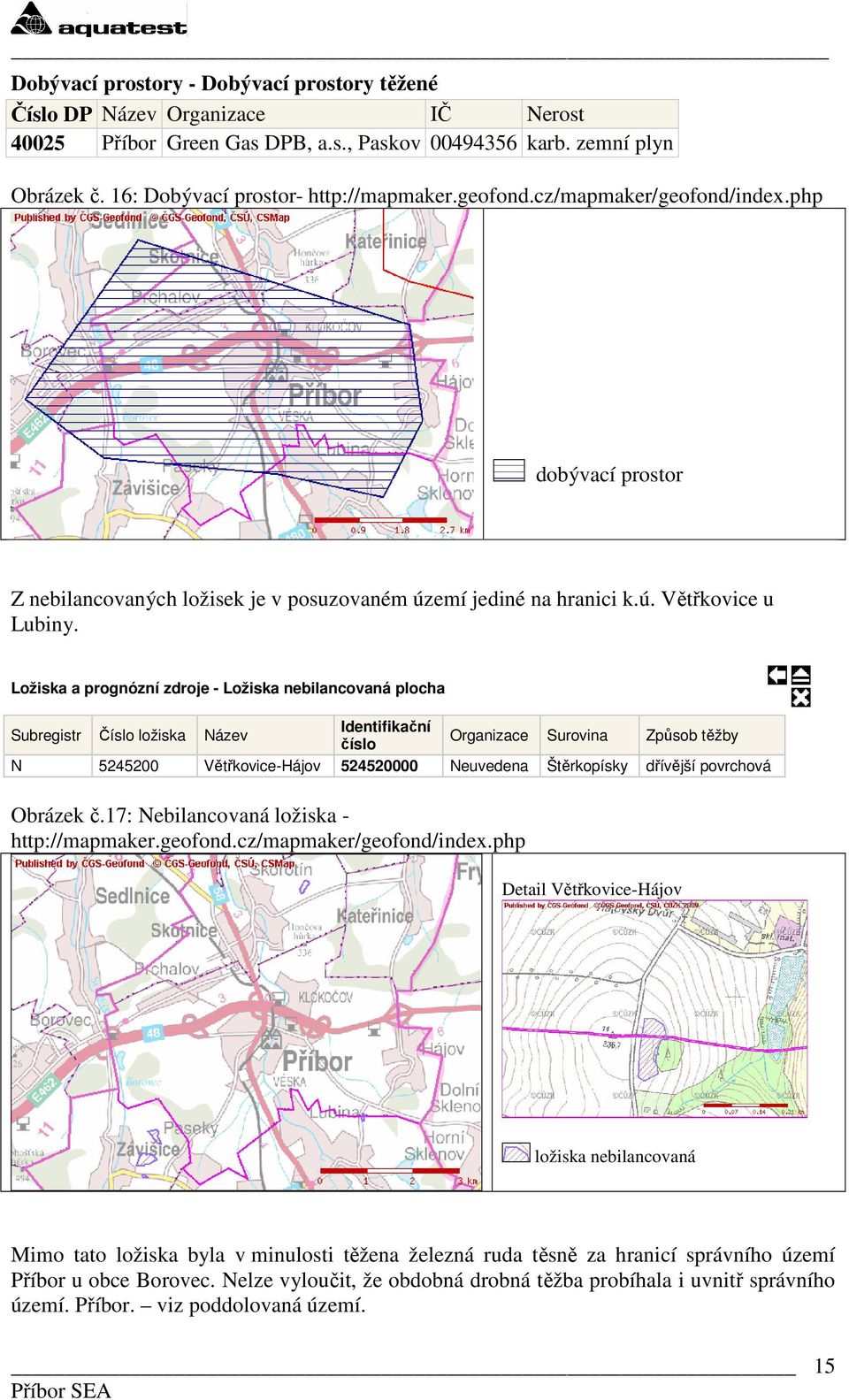 Ložiska a prognózní zdroje - Ložiska nebilancovaná plocha Subregistr Číslo ložiska Název Identifikační číslo Organizace Surovina Způsob těžby N 5245200 Větřkovice-Hájov 524520000 Neuvedena