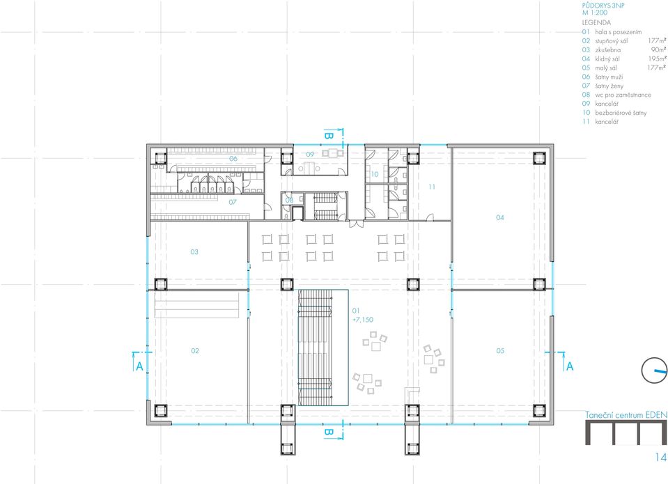 malý sál 177m² šatny muži šatny ženy wc pro zamìstnance kanceláø