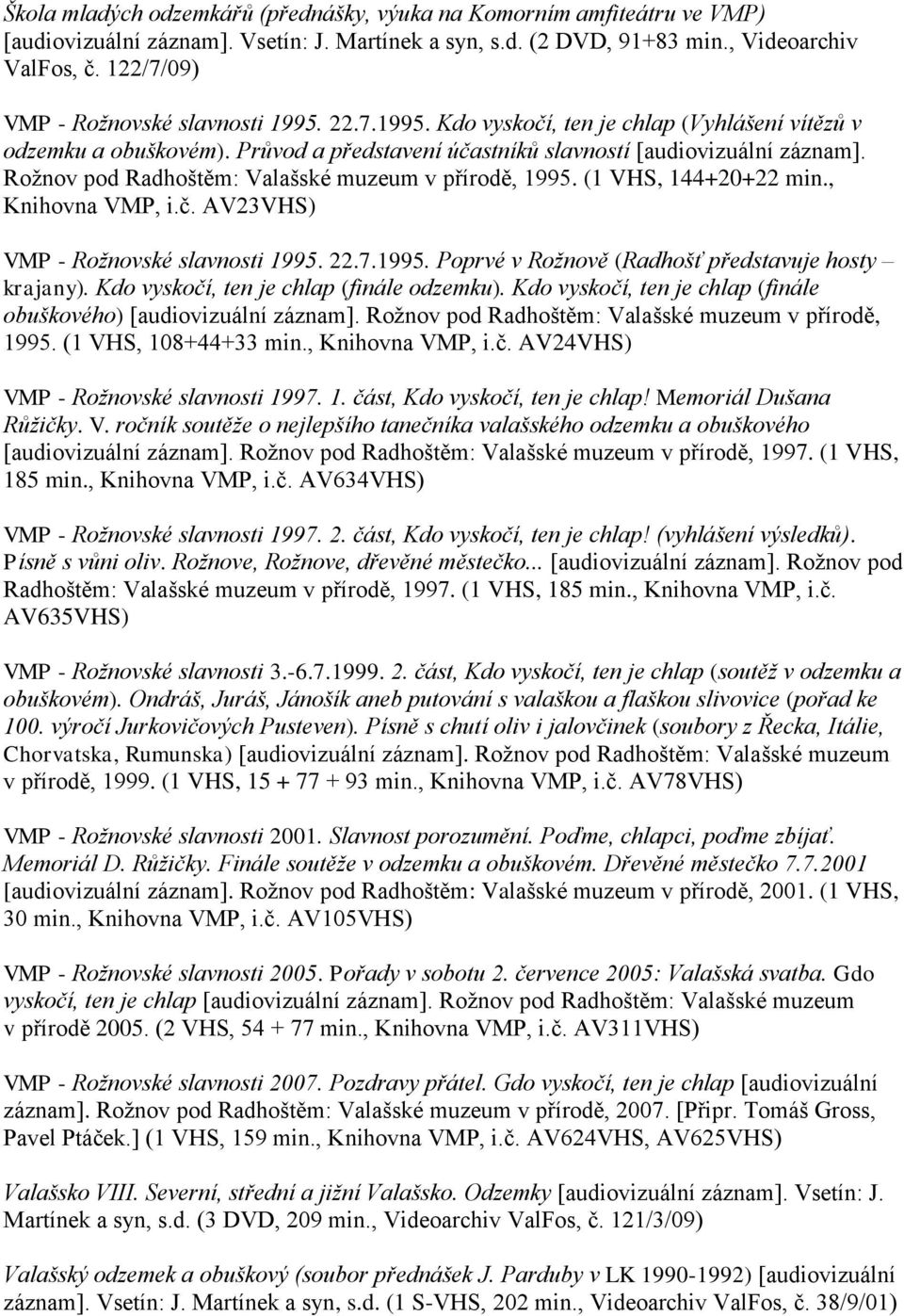 Rožnov pod Radhoštěm: Valašské muzeum v přírodě, 1995. (1 VHS, 144+20+22 min., Knihovna VMP, i.č. AV23VHS) VMP - Rožnovské slavnosti 1995. 22.7.1995. Poprvé v Rožnově (Radhošť představuje hosty krajany).