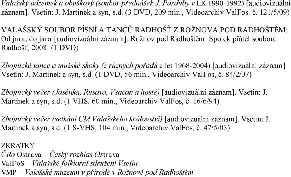 (1 DVD) Zbojnické tance a mužské skoky (z různých pořadů z let 1968-2004) [audiovizuální záznam]. Vsetín: J. Martínek a syn, s.d. (1 DVD, 56 min., Videoarchiv ValFos, č.