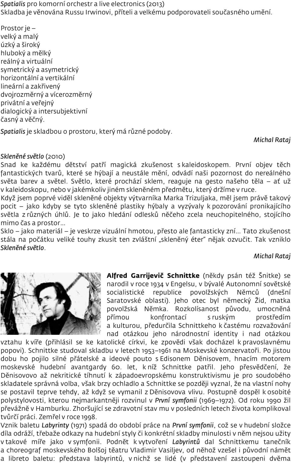 dialogický a intersubjektivní časný a věčný. Spatialis je skladbou o prostoru, který má různé podoby. Skleněné světlo (2010) Snad ke každému dětství patří magická zkušenost s kaleidoskopem.