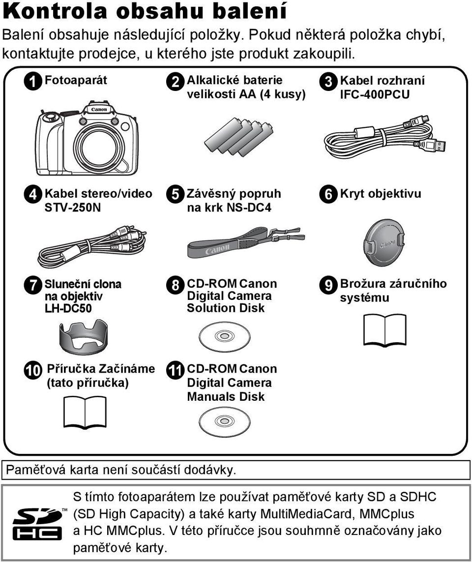 objektiv LH-DC50 h CD-ROM Canon Digital Camera Solution Disk ibrožura záručního systému j Příručka Začínáme (tato příručka) k CD-ROM Canon Digital Camera Manuals Disk Paměťová