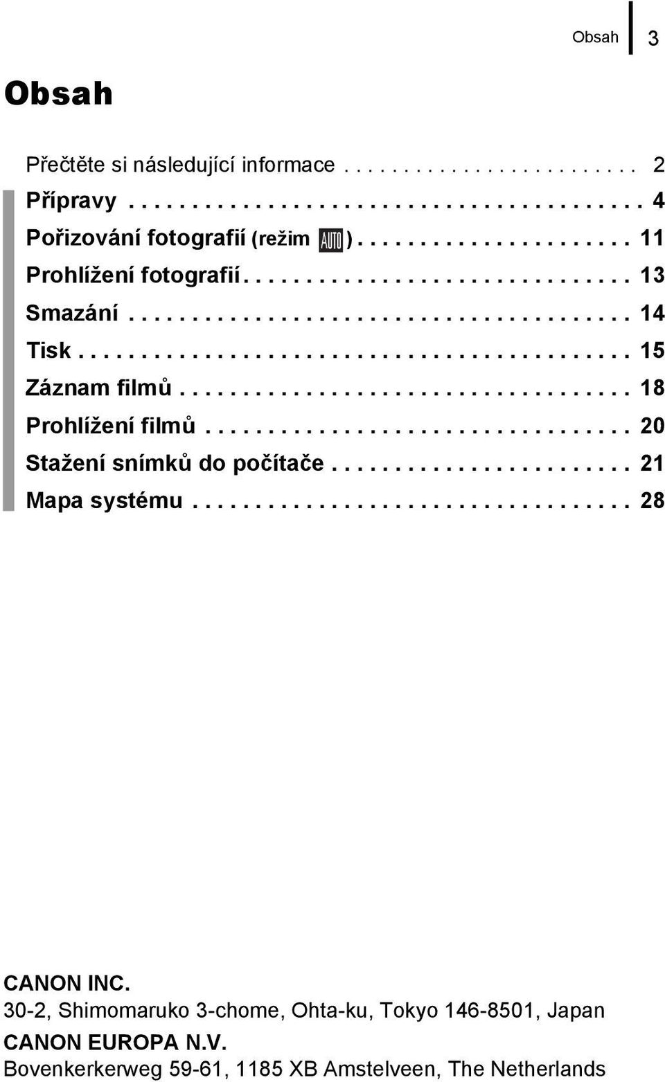 ................................... 18 Prohlížení filmů.................................. 20 Stažení snímků do počítače........................ 21 Mapa systému................................... 28 CANON INC.