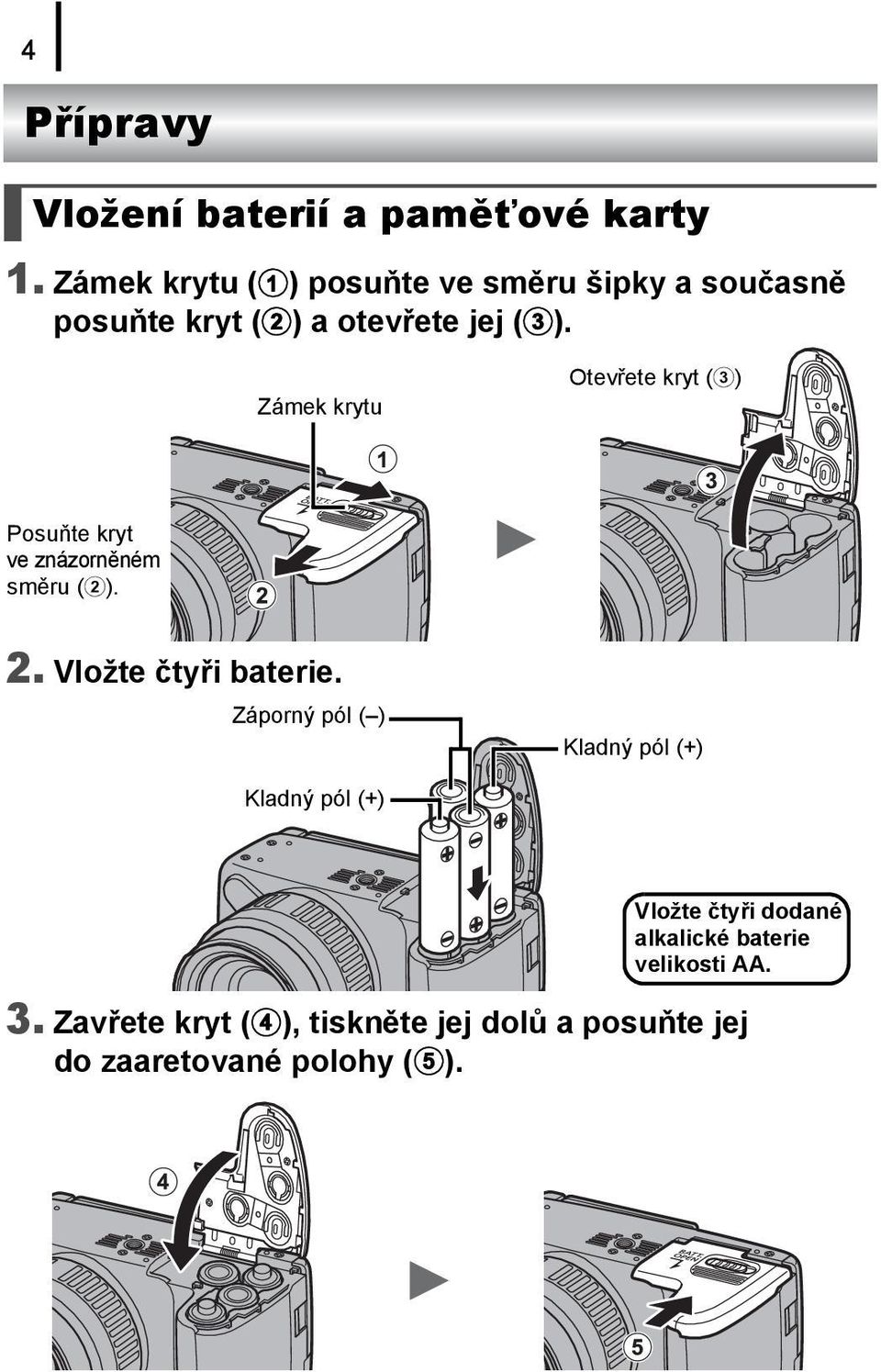 Zámek krytu Otevřete kryt (c) Posuňte kryt ve znázorněném směru (b). 2. Vložte čtyři baterie.