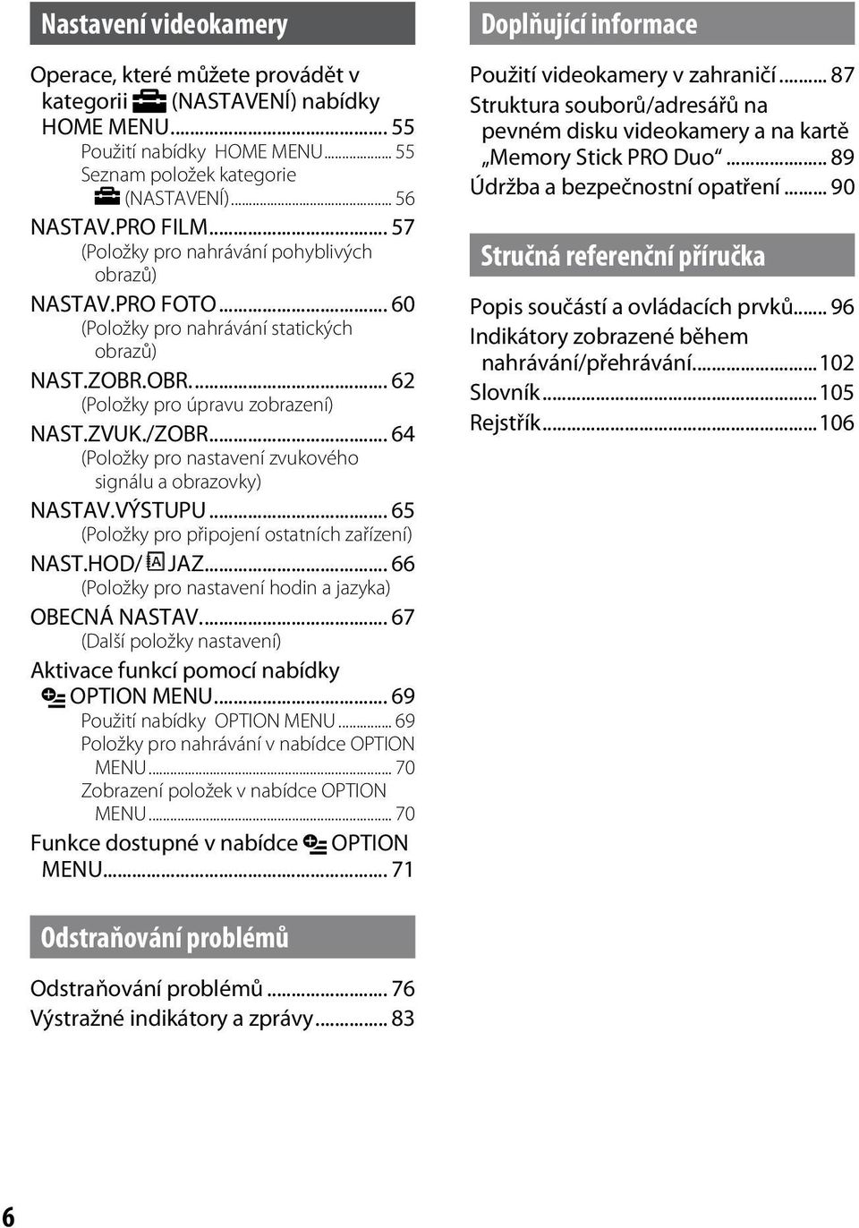 .. 64 (Položky pro nastavení zvukového signálu a obrazovky) NASTAV.VÝSTUPU... 65 (Položky pro připojení ostatních zařízení) NAST.HOD/ JAZ... 66 (Položky pro nastavení hodin a jazyka) OBECNÁ NASTAV.